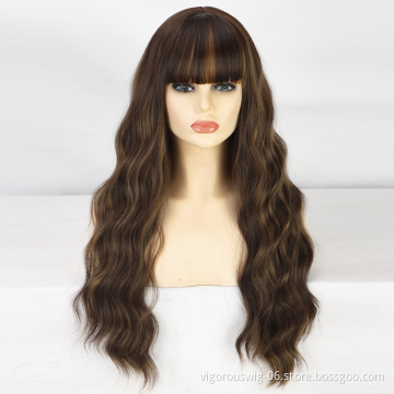Vigorous Highlight Wavy Wigs Brown Mix Blonde Middle Part Cosplay Heat Resistant Synthetic Wigs with Bangs Black Women Long Hair
